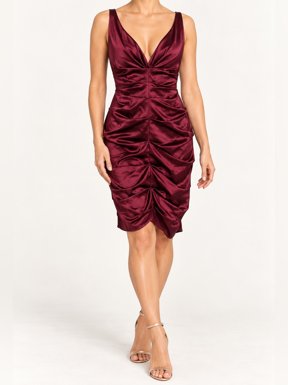Xscape Satin Ruched V-Neck Midi Dress - Burgundy 6 Petite